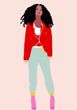 Biracial veya çok ırklı trendy moda kız Lifestyle İllüstrasyon. kahverengi tenli kadın eğleniyor. Kız gücü kavramı.