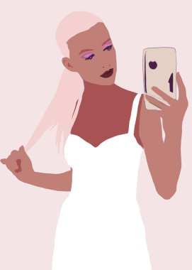 Biracial veya çok ırklı trendy moda kız Lifestyle İllüstrasyon. kahverengi tenli kadın eğleniyor. Kız gücü kavramı.