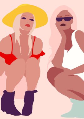 Biracial veya çok ırklı trendy moda kız Lifestyle İllüstrasyon. kahverengi tenli kadın eğleniyor. Kız gücü kavramı.