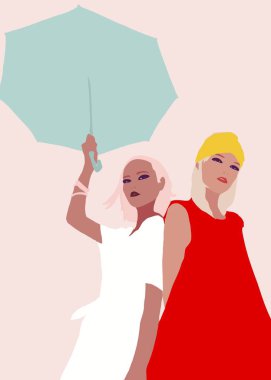 Biracial veya çok ırklı trendy moda kız Lifestyle İllüstrasyon. kahverengi tenli kadın eğleniyor. Kız gücü kavramı.