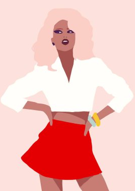 Biracial veya çok ırklı trendy moda kız Lifestyle İllüstrasyon. kahverengi tenli kadın eğleniyor. Kız gücü kavramı.