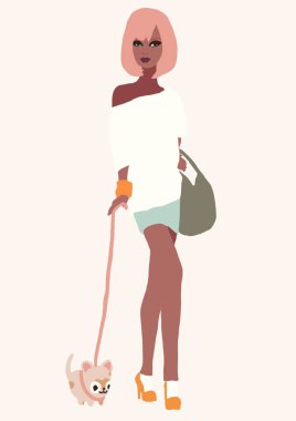 Biracial veya çok ırklı trendy moda kız Lifestyle İllüstrasyon. kahverengi tenli kadın eğleniyor. Kız gücü kavramı.