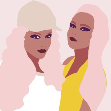 Biracial veya çok ırklı trendy moda kız Lifestyle İllüstrasyon. kahverengi tenli kadın eğleniyor. Kız gücü kavramı.