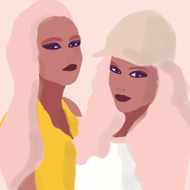 Biracial veya çok ırklı trendy moda kız Lifestyle İllüstrasyon. kahverengi tenli kadın eğleniyor. Kız gücü kavramı.