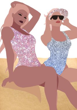 Biracial veya çok ırklı trendy moda kız Lifestyle İllüstrasyon. kahverengi tenli kadın eğleniyor. Kız gücü kavramı.