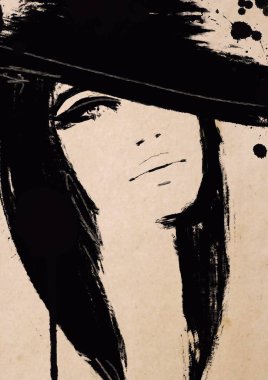 moda illüstrasyon siyah ve beyaz. Moda krokisi. Soyut resim Kadın. Moda geçmişi. Şapkalı kız. Dumanlı göz yüzü. Büyük fırça darbeleri. Kadın Silueti. Moda baskı 
