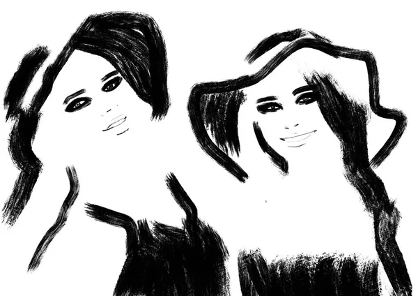 Модна Ілюстрація Вінтажних Дівчат Капелюхами Чорно Білому Кольорі — стокове фото