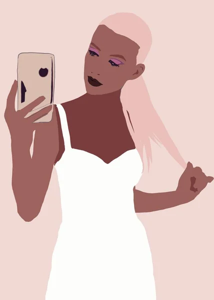 Lifestyle Illustration of biracial or multiracial trendy fashion girl. woman with brown skin having fun. Concept of girlpower.