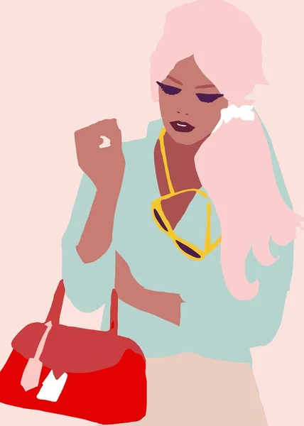 Biracial veya çok ırklı trendy moda kız Lifestyle İllüstrasyon. kahverengi tenli kadın eğleniyor. Kız gücü kavramı.