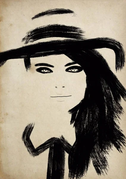 fashion illustration black and white. Fashion sketch. Abstract painting Woman. Fashion background. Girl with hat. Smokey eye face. Big brush strokes. Woman Silhouette. Fashion print