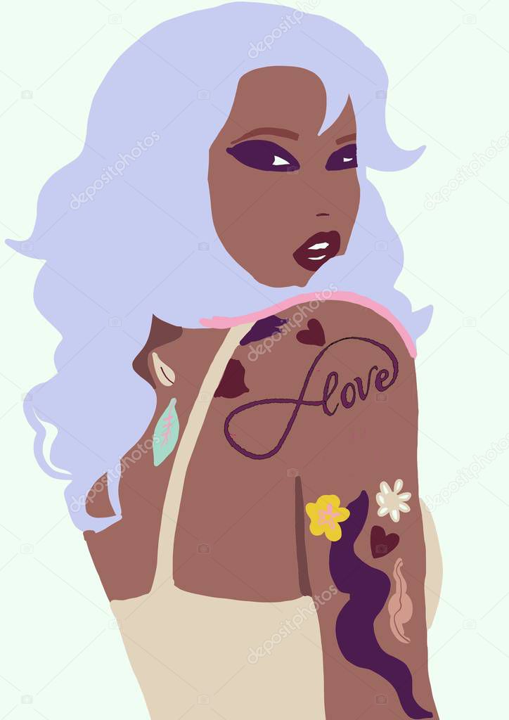 Lifestyle Illustration of biracial or multiracial trendy fashion girl. woman with brown skin having fun. Concept of girlpower.