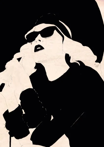 Mulher Pintura Com Óculos Sol Chapéu Arte Abstrata Preto Branco — Fotografia de Stock