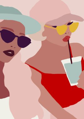 Biracial veya çok ırklı trendy moda kız Lifestyle İllüstrasyon. kahverengi tenli kadın eğleniyor. Kız gücü kavramı.