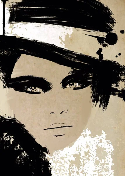 Siyah beyaz baskı da soyut moda illüstrasyon biracial kadın. Afrikalı, Asyalı veya latin kız