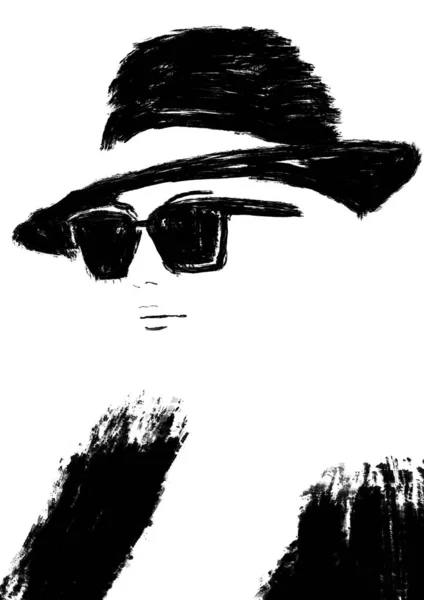 일러스트 스케치 여자입니다 모자를 스모키 페이스 브러시 스트로크 실루엣입니다 프린트 — 스톡 사진