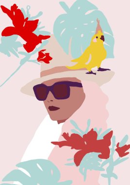 illüstrasyon afiş veya arka plan. kuş yaprakları ve çiçekleri ile biracial tropikal trendy moda kız 