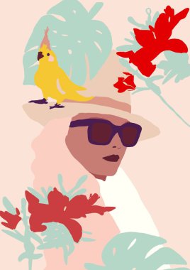 illüstrasyon afiş veya arka plan. kuş yaprakları ve çiçekleri ile biracial tropikal trendy moda kız 