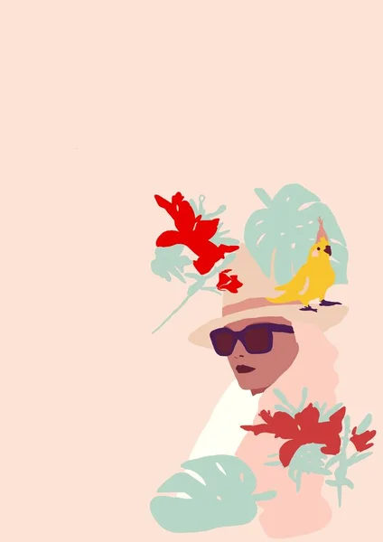 Banner Ilustración Fondo Biracial Tropical Moda Chica Con Hojas Pájaro —  Fotos de Stock