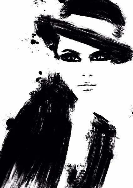 Ilustración Moda Blanco Negro Boceto Moda Pintura Abstracta Mujer Fondo — Foto de Stock