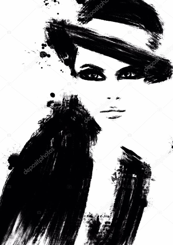 fashion illustration black and white. Fashion sketch. Abstract painting Woman. Fashion background. Girl with hat. Smokey eye face. Big brush strokes. Woman Silhouette. Fashion print 