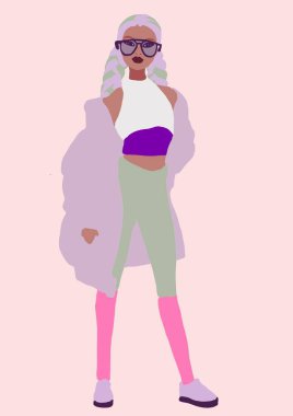 biracial veya çok ırklı trendy kız llustration. kahverengi tenli kadın eğleniyor. Siyah bir kadının moda konsepti. Yaşam tarzı tasarımı renkli kadın.