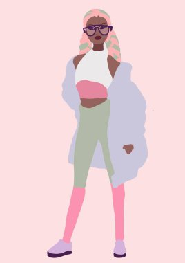 biracial veya çok ırklı trendy kız llustration. kahverengi tenli kadın eğleniyor. Siyah bir kadının moda konsepti. Yaşam tarzı tasarımı renkli kadın.