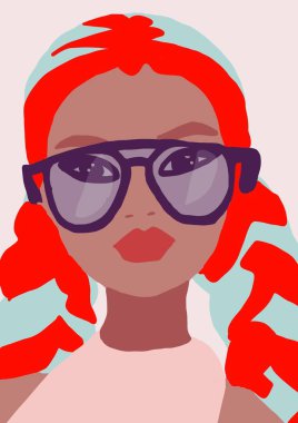 biracial veya çok ırklı trendy kız llustration. kahverengi tenli kadın eğleniyor. Siyah bir kadının moda konsepti. Yaşam tarzı tasarımı renkli kadın.
