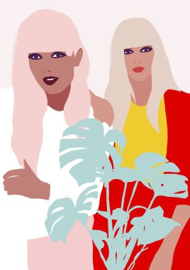 biracial veya çok ırklı trendy kız llustration. kahverengi tenli kadın eğleniyor. Siyah bir kadının moda konsepti. Yaşam tarzı tasarımı renkli kadın.