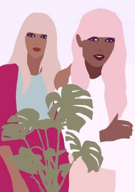 biracial veya çok ırklı trendy kız llustration. kahverengi tenli kadın eğleniyor. Siyah bir kadının moda konsepti. Yaşam tarzı tasarımı renkli kadın.