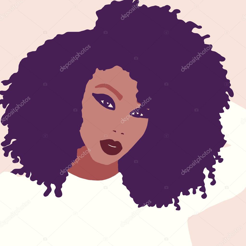 Illustration tropical Afro american biracial woman with big afro hair 
