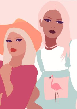 Sevimli afro amerikan siyah moda kız illüstrasyon. Tropikal biracial yaşam tarzı çizim