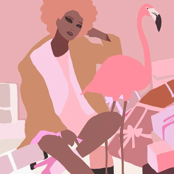 Cute Afro Amerykański Czarny Moda Dziewczyna Ilustracja Tropikalne Biracial Styl — Zdjęcie stockowe