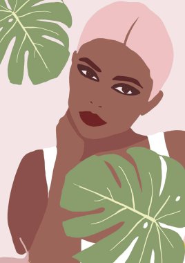 Biracial veya çok ırklı trendy kız İllüstrasyon. kahverengi tenli kadın eğleniyor. Siyah bir kadının moda konsepti. Yaşam tarzı tasarımı renkli kadın.