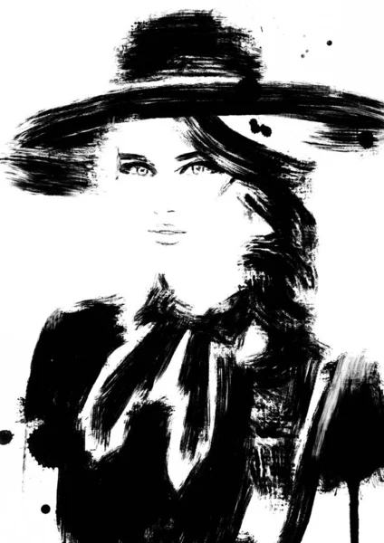 Retrato Mujer Ilustración Moda Abstracta Impresión Blanco Negro —  Fotos de Stock