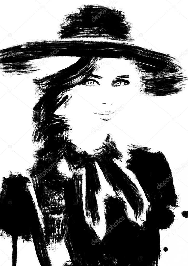Abstract fashion illustration woman portrait, black and white print