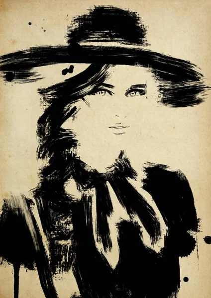 Μαύρη Και Λευκή Εικονογράφηση Τέχνης Ζωγραφική Της Όμορφης Γυναίκας Κορίτσι — Φωτογραφία Αρχείου