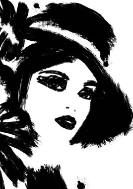 siyah beyaz moda illüstrasyon sanat. güzel kadın veya kız yüz soyut boyama