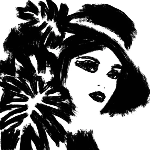 Black White Fashion Illustration Art Painting Beautiful Woman Girl Face — Stock Photo, Image