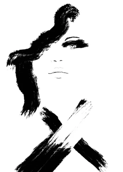 Black White Fashion Illustration Art Painting Beautiful Woman Girl Face — Stock Photo, Image