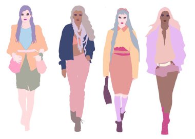 Sevimli Moda modelleri tam vücut illüstrasyon. Farklı etnik kökenlerden çok ırklı pist modelleri. Biracial ve çok ırklı. Elle çizilmiş tasarım