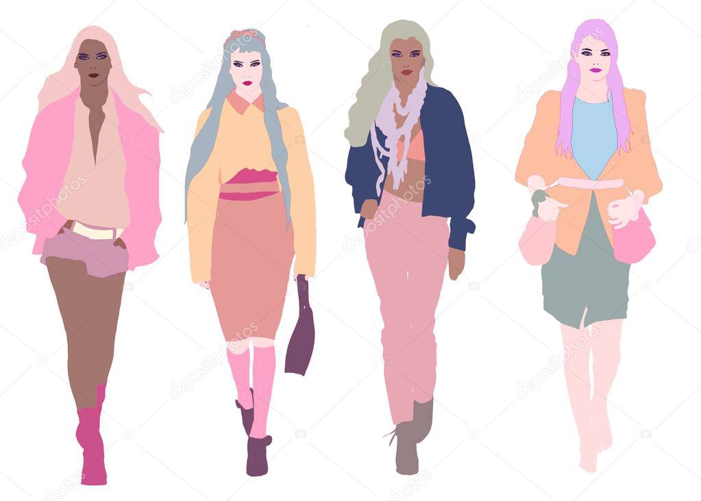 Cute Fashion models full body illustration. Multi racial runway models from different ethnicities. Biracial and multi ethnic. Hand drawn design