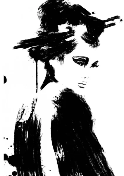 Peinture Abstraite Pour Femme Geisha Art Noir Blanc Portrait Fille — Photo