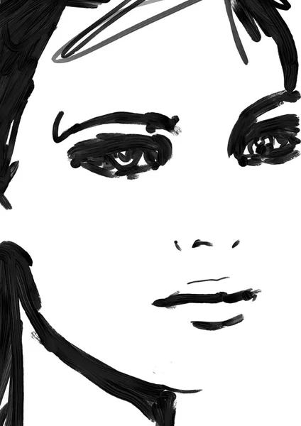 Black White Fashion Illustration Art Painting Beautiful Woman Girl Face — Stock Photo, Image