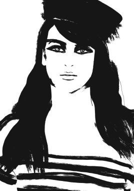 Denizci kız veya kadın moda illüstrasyon siyah beyaz resim, sanat Moda illüstrasyon