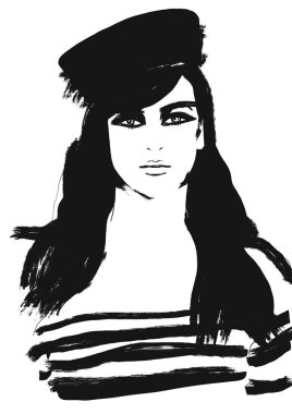 Denizci kız veya kadın moda illüstrasyon siyah beyaz resim, sanat Moda illüstrasyon