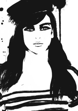 Denizci kız veya kadın moda illüstrasyon siyah beyaz resim, sanat Moda illüstrasyon