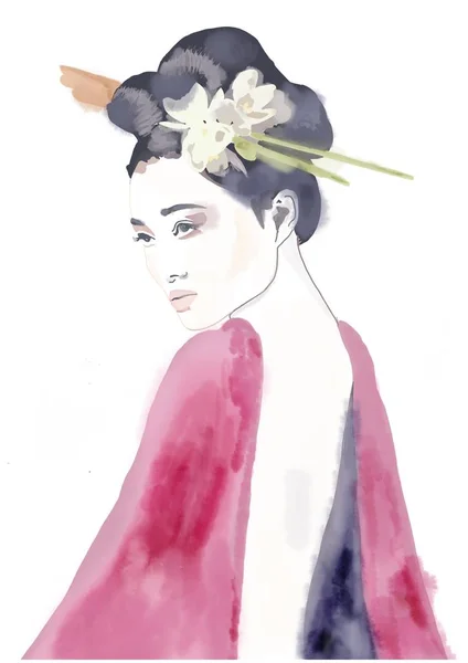 Geisha Painting Illustration Watercolor Chopsticks Flowers Her Hair Wearing Kimono — Stock Photo, Image