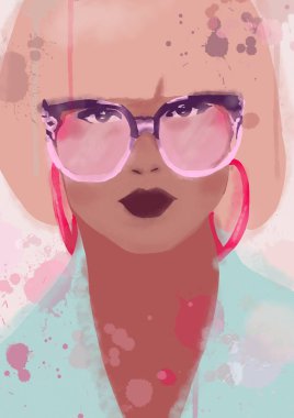 Büyük gözlük, afro saç ve küpe ile biracial veya afro Amerikan kadın boyama Suluboya illüstrasyon