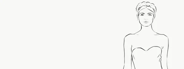 黒と白のかわいいファッションの女の子の水平バナー スケッチファッションイラスト テキストスペースを持つかわいい女性の線画 — ストック写真