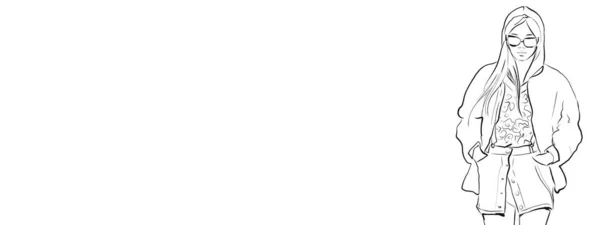 Горизонтальний Банер Милої Дівчини Моди Чорно Білому Кольорі Ескіз Ілюстрації — стокове фото